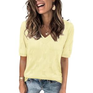imageArachampCloz Womens Lightweight Fall Sweater Tops Casual Short Sleeve Blouses ShirtsBlight Yellow