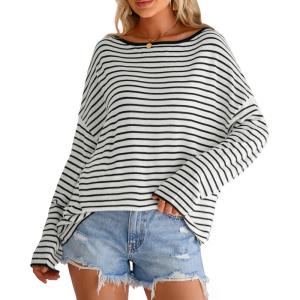 imageArachampCloz Womens Linen Blend Beach Vacation Cover Up Summer Casual Oversized Off Shoulder Tops 2026White Black Stripe