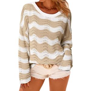 imageArachampCloz Womens Linen Blend Crochet Bell Sleeve Beach Vacation Striped Tops 2026Apricot Stripe