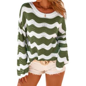 imageArachampCloz Womens Linen Blend Crochet Bell Sleeve Beach Vacation Striped Tops 2026Army Green Stripe