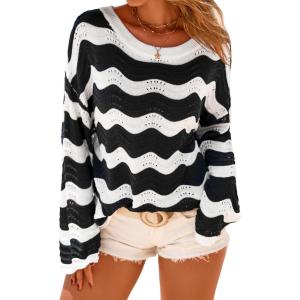 imageArachampCloz Womens Linen Blend Crochet Bell Sleeve Beach Vacation Striped Tops 2026Black Stripe