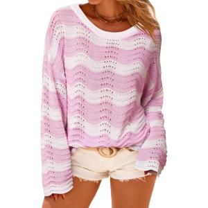 imageArachampCloz Womens Linen Blend Crochet Bell Sleeve Beach Vacation Striped Tops 2026Pink Stripe