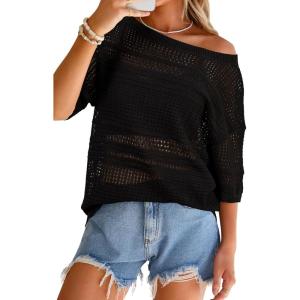 imageArachampCloz Womens Linen Blend Off Shoulder Summer Cover Up Beach Casual Crochet Tops Hollow Out Vacation Outfits 2026Black
