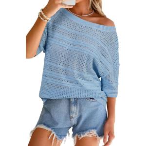 imageArachampCloz Womens Linen Blend Off Shoulder Summer Cover Up Beach Casual Crochet Tops Hollow Out Vacation Outfits 2026Blue
