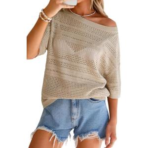 imageArachampCloz Womens Linen Blend Off Shoulder Summer Cover Up Beach Casual Crochet Tops Hollow Out Vacation Outfits 2026Khaki