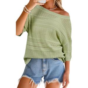 imageArachampCloz Womens Linen Blend Off Shoulder Summer Cover Up Beach Casual Crochet Tops Hollow Out Vacation Outfits 2026Light Green