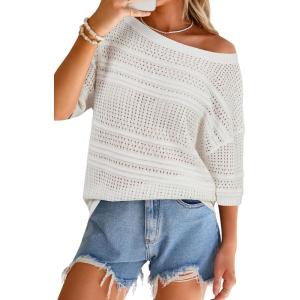 imageArachampCloz Womens Linen Blend Off Shoulder Summer Cover Up Beach Casual Crochet Tops Hollow Out Vacation Outfits 2026White