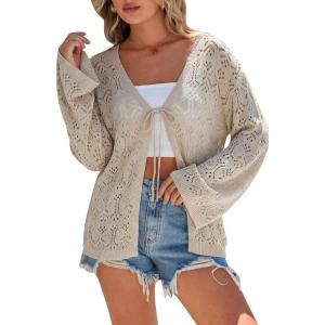 imageArachampCloz Womens Linen Blend Summer Crochet Cardigans Lightweight Lacey Kint Hollow Out Beach Vacation Outfits Trendy 2026Khaki