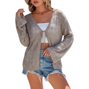imageArachampCloz Womens Linen Blend Summer Crochet Cardigans Lightweight Lacey Kint Hollow Out Beach Vacation Outfits Trendy 2026Nutmeg
