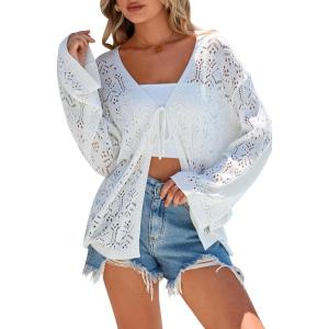 imageArachampCloz Womens Linen Blend Summer Crochet Cardigans Lightweight Lacey Kint Hollow Out Beach Vacation Outfits Trendy 2026White