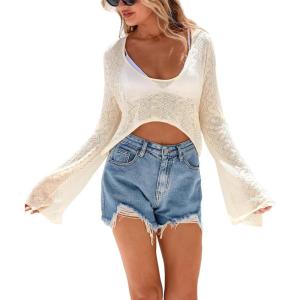 imageArachampCloz Womens Linen Blend Tie Front Crochet Bolero Shrug Beach Cropped Lightweight Cardigan 2026Apricot
