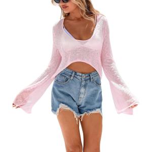 imageArachampCloz Womens Linen Blend Tie Front Crochet Bolero Shrug Beach Cropped Lightweight Cardigan 2026Pink
