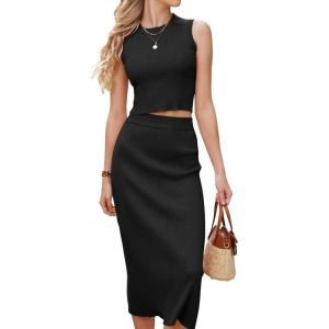imageArachampCloz Womens Non See Through 2 Piece Sets Tank Top and Midi Skirt Knit OutfitsBlack