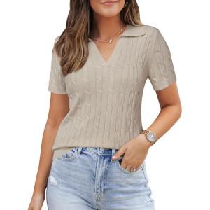 imageArachampCloz Womens Wool Blend Knit Spring Summer Business Casual Lightweight Short Sleeve Sweater Pullover 2026Cable Knitapricot