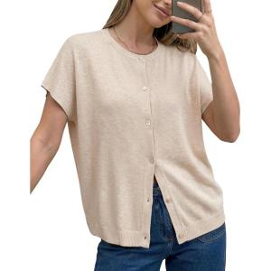 imageArachampCloz Womens Wool Blend Lightweight Cardigan Short Sleeve Summer Oversized Casual Sweaters TopsApricot