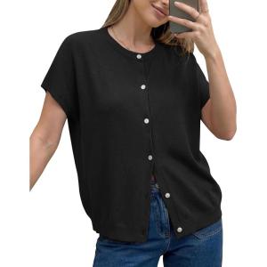 imageArachampCloz Womens Wool Blend Lightweight Cardigan Short Sleeve Summer Oversized Casual Sweaters TopsBlack