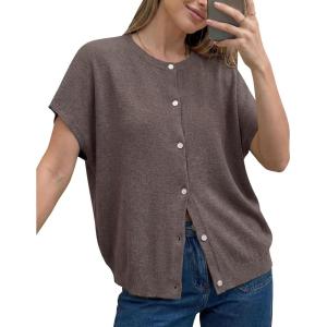 imageArachampCloz Womens Wool Blend Lightweight Cardigan Short Sleeve Summer Oversized Casual Sweaters TopsCoffee