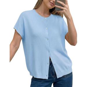 imageArachampCloz Womens Wool Blend Lightweight Cardigan Short Sleeve Summer Oversized Casual Sweaters TopsLight Blue