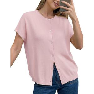 imageArachampCloz Womens Wool Blend Lightweight Cardigan Short Sleeve Summer Oversized Casual Sweaters TopsLight Pink