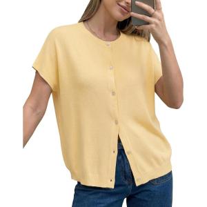 imageArachampCloz Womens Wool Blend Lightweight Cardigan Short Sleeve Summer Oversized Casual Sweaters TopsYellow
