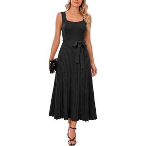 imageArachampCloz Womens Wool Blend Square Neck Tie Waist Pleated Summer Sweater Dress 2026Black