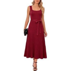 imageArachampCloz Womens Wool Blend Square Neck Tie Waist Pleated Summer Sweater Dress 2026Burgundy