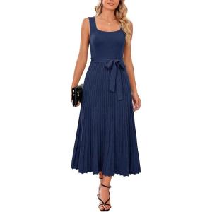 imageArachampCloz Womens Wool Blend Square Neck Tie Waist Pleated Summer Sweater Dress 2026Navy