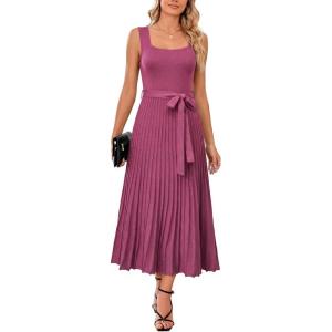 imageArachampCloz Womens Wool Blend Square Neck Tie Waist Pleated Summer Sweater Dress 2026Rose Red