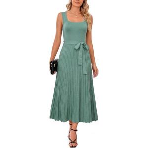 imageArachampCloz Womens Wool Blend Square Neck Tie Waist Pleated Summer Sweater Dress 2026Sage Green