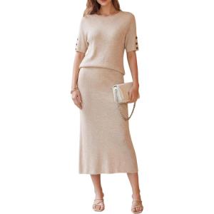 imageArachampCloz Womens Wool Blend Sweater 2 Piece Sets Business Casual Short Sleeve Top Midi Dress OutfitsApricot