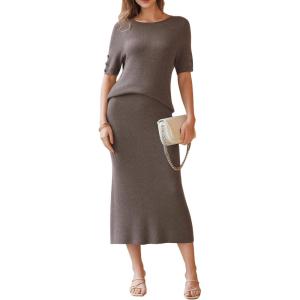imageArachampCloz Womens Wool Blend Sweater 2 Piece Sets Business Casual Short Sleeve Top Midi Dress OutfitsCoffee
