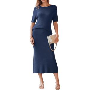 imageArachampCloz Womens Wool Blend Sweater 2 Piece Sets Business Casual Short Sleeve Top Midi Dress OutfitsNavy