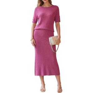 imageArachampCloz Womens Wool Blend Sweater 2 Piece Sets Business Casual Short Sleeve Top Midi Dress OutfitsRose Red