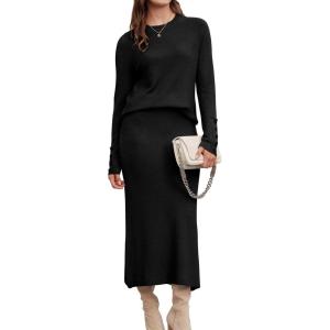imageArachampCloz Womens Wool Blend Sweater 2 Piece Sets Business Lounge Long Sleeve Top Midi Dress OutfitsBlack