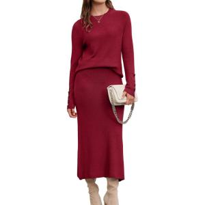 imageArachampCloz Womens Wool Blend Sweater 2 Piece Sets Business Lounge Long Sleeve Top Midi Dress OutfitsBurgundy