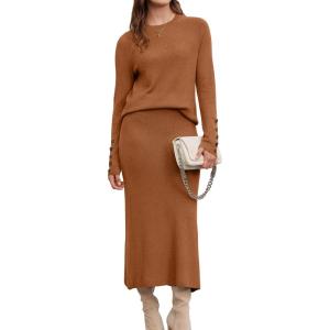 imageArachampCloz Womens Wool Blend Sweater 2 Piece Sets Business Lounge Long Sleeve Top Midi Dress OutfitsCaramel