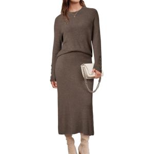 imageArachampCloz Womens Wool Blend Sweater 2 Piece Sets Business Lounge Long Sleeve Top Midi Dress OutfitsCoffee