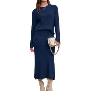 imageArachampCloz Womens Wool Blend Sweater 2 Piece Sets Business Lounge Long Sleeve Top Midi Dress OutfitsNavy