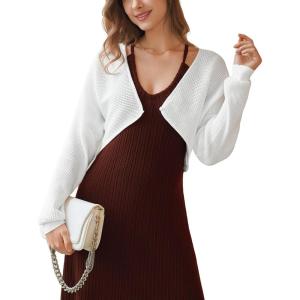 imageArachampCloz Womens 100 Cotton Bolero Shrug V Neck Cropped Cardigan Knit SweatersWhite