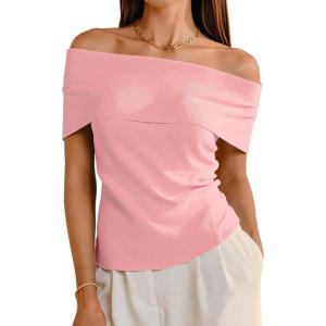 imageArachampCloz Womens Convertible Neckline OffShoulder Cowl Neck Slim Fit Tops 2025Pink