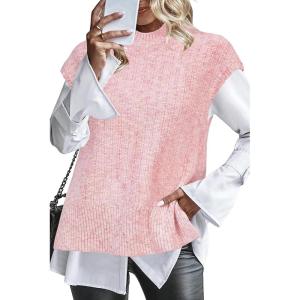 imageArachampCloz Womens Cotton Blend Cap Sleeve Side Slit Sweater Vest Fall Casual Tops 2025Light Pink