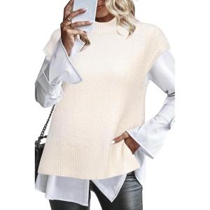 imageArachampCloz Womens Cotton Blend Cap Sleeve Side Slit Sweater Vest Fall Casual Tops 2025Offwhite