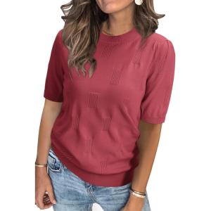 imageArachampCloz Womens Lightweight Blouse Short Sleeve Crew Neck Sweaters Business Dressy Casual Outfits Spring Summer Tops 2026Dusty Red