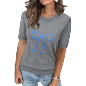 imageArachampCloz Womens Lightweight Blouse Short Sleeve Crew Neck Sweaters Business Dressy Casual Outfits Spring Summer Tops 2026Greyblue