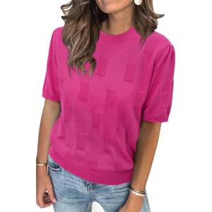 imageArachampCloz Womens Lightweight Blouse Short Sleeve Crew Neck Sweaters Business Dressy Casual Outfits Spring Summer Tops 2026Hot Pink