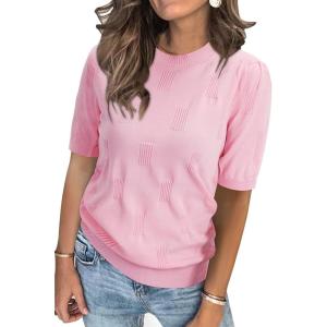 imageArachampCloz Womens Lightweight Blouse Short Sleeve Crew Neck Sweaters Business Dressy Casual Outfits Spring Summer Tops 2026Pink