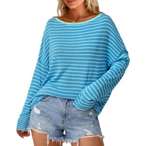 imageArachampCloz Womens Oversized Linen Blend Beach Vacation Cover Up Summer Casual Off Shoulder Tops 2026Blue Light Green Stripe