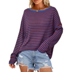 imageArachampCloz Womens Oversized Linen Blend Beach Vacation Cover Up Summer Casual Off Shoulder Tops 2026Blue Stripe
