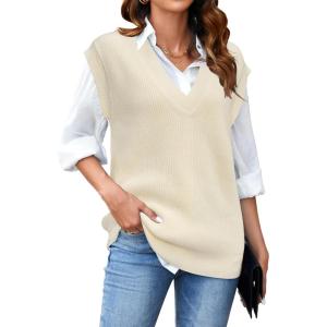 imageArachampCloz Womens Sweater Vest 2024 Fall Winter Knitted V Neck Oversized Casual Cap Sleeve Pullover Tank TopsApricot