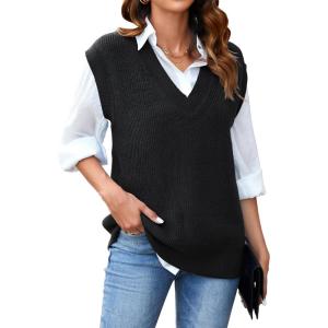 imageArachampCloz Womens Sweater Vest 2024 Fall Winter Knitted V Neck Oversized Casual Cap Sleeve Pullover Tank TopsBlack